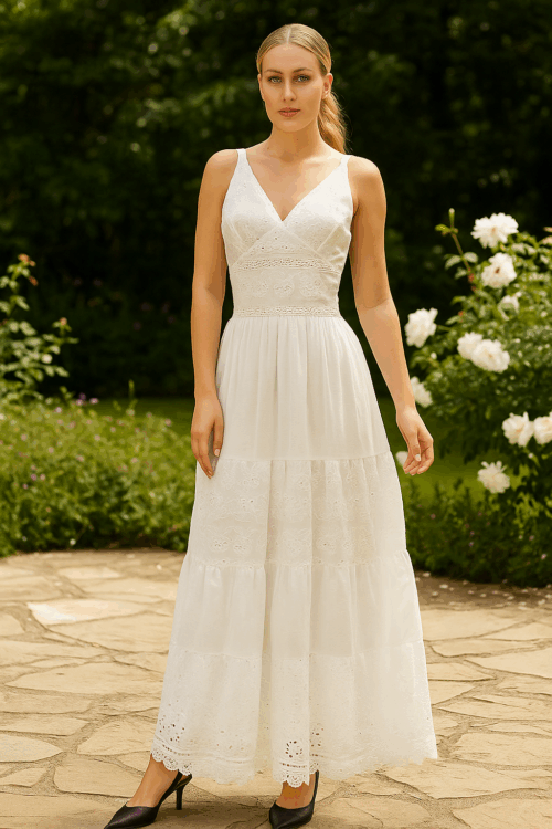 Vestido Branco Longo Bordado Laise com Alças