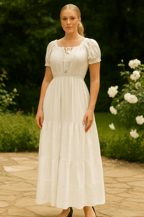 Vestido Longo Branco Bordado Laise com Mangas