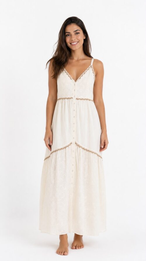 Vestido Offwhite Longo Bordado Laise Alças