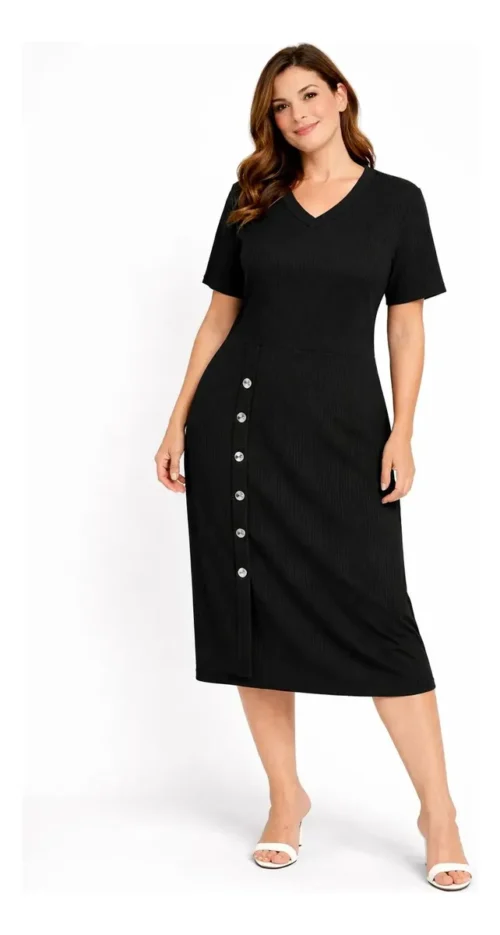 Vestido Midi Canelado com Manga e Fenda
