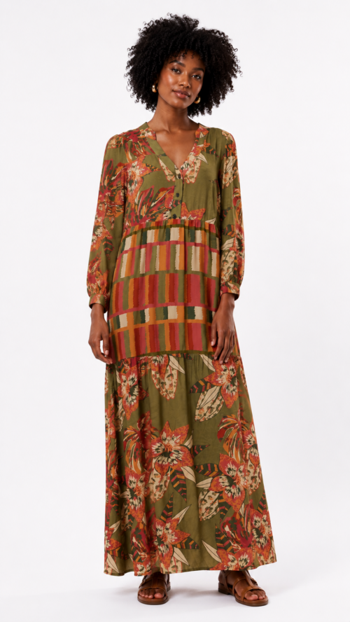 Vestido Longo com Manga Estampado Flor do Cerrado Cacay R:102072