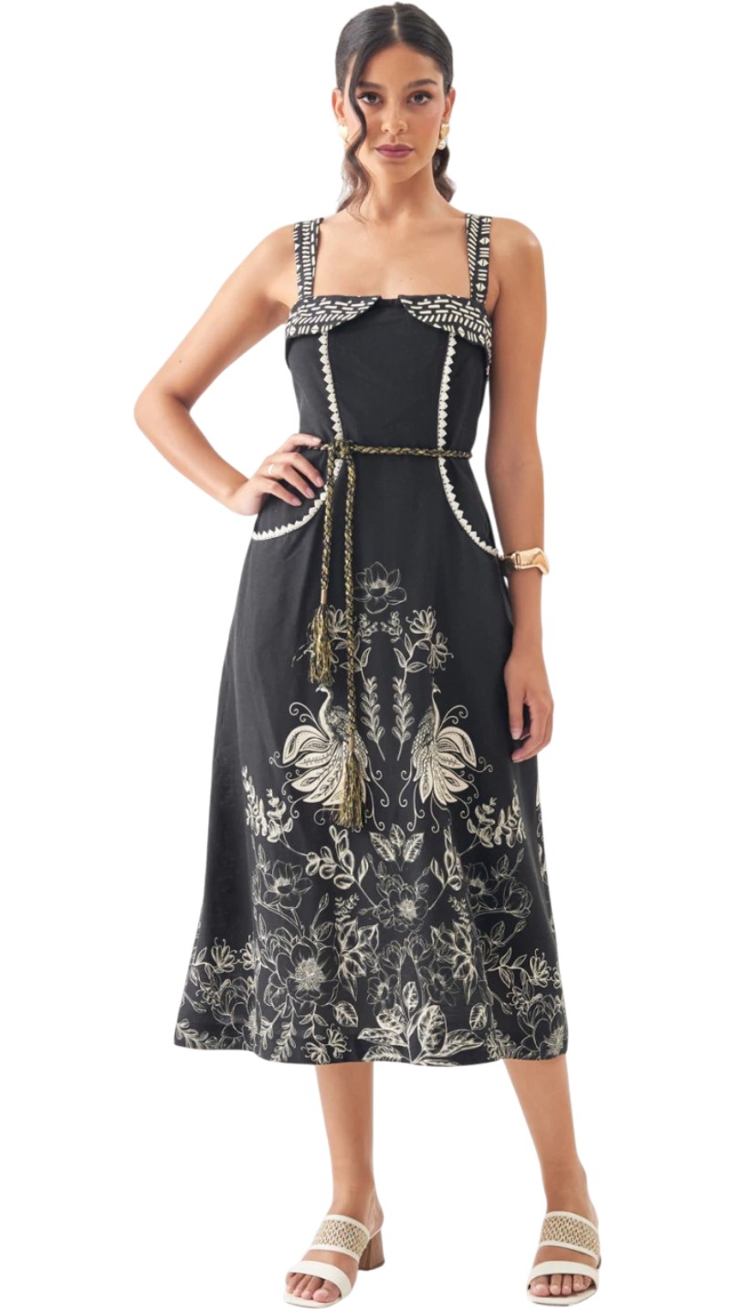 Vestido Midi Jardim Art Déco Preto - Antix R:082967