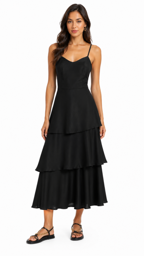 Vestido Liso 3 Babados Preto Cacay R:103017