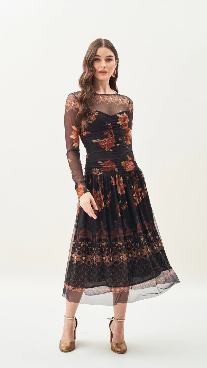 Vestido Super Midi Buquê Dourado Antix R: 083003